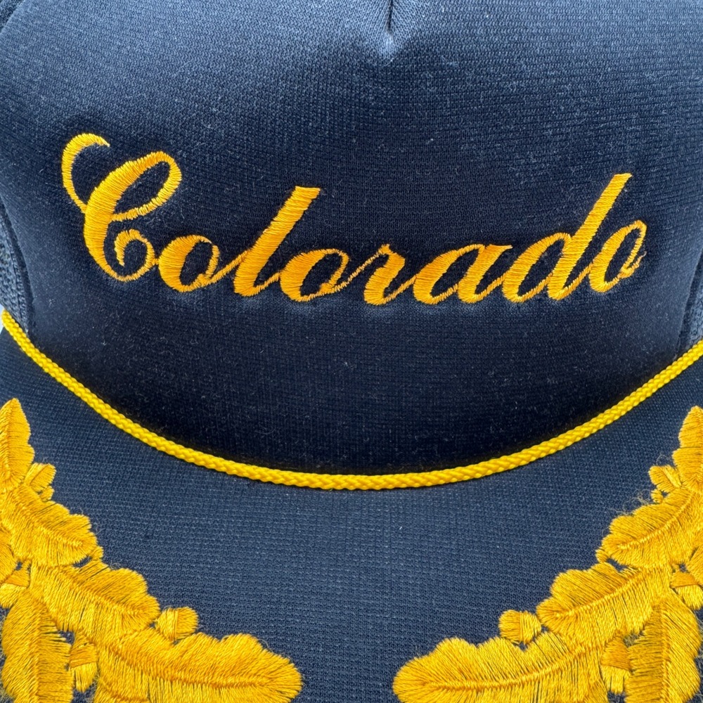 Vtg Colorado SCRIPT Trucker Hat OSFA Black Yellow Scrambled Eggs Mesh Snapback - Picture 3 of 12